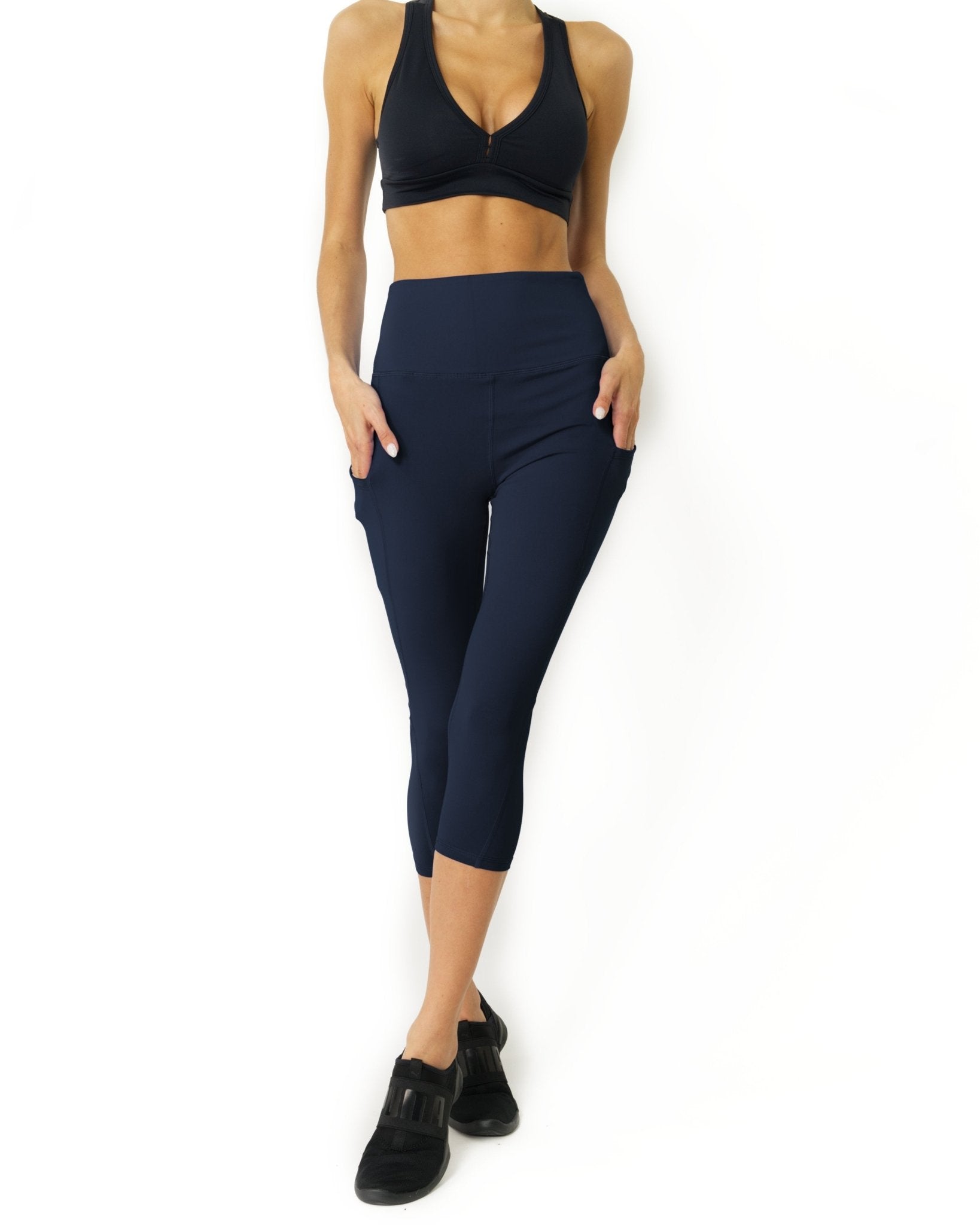 High Waisted Yoga Capri Leggings - Navy Blue - FLOWCHA FashionxBeauty