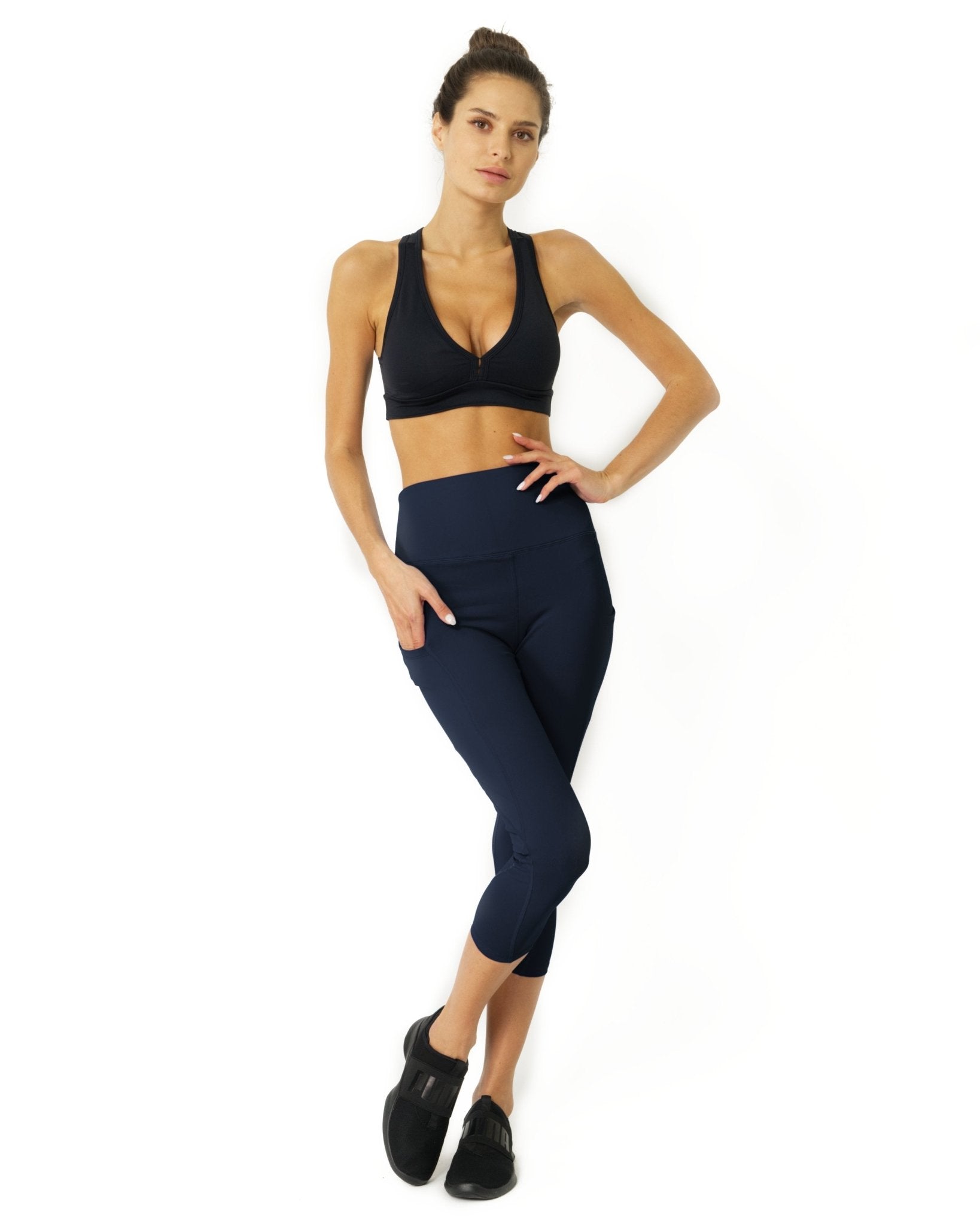 High Waisted Yoga Capri Leggings - Navy Blue - FLOWCHA FashionxBeauty