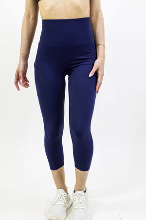 High Waisted Yoga Capri Leggings - Navy Blue - FLOWCHA FashionxBeauty