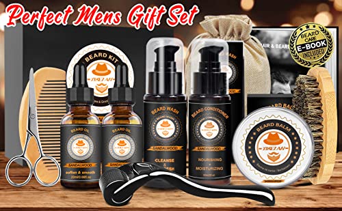 Upgraded Beard Grooming Kit w/Beard Conditioner,2 Pack Beard Oil,Beard Balm,Beard Brush,Beard Shampoo/Wash,Beard Comb,Mustache Scissors,Storage Bag,Beard E-Book,Beard Growth Care Gifts for Men - FLOWCHA FashionxBeauty