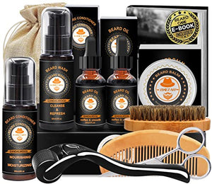 Upgraded Beard Grooming Kit w/Beard Conditioner,2 Pack Beard Oil,Beard Balm,Beard Brush,Beard Shampoo/Wash,Beard Comb,Mustache Scissors,Storage Bag,Beard E-Book,Beard Growth Care Gifts for Men - FLOWCHA FashionxBeauty